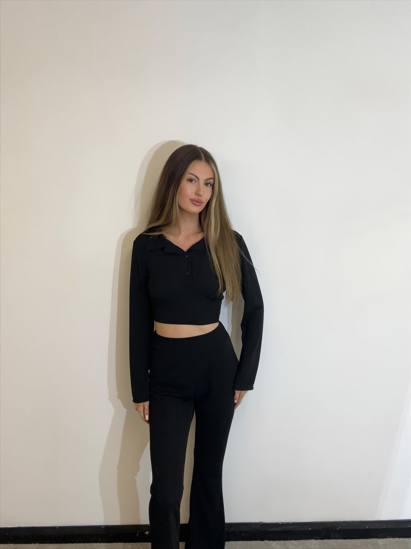 Button Up Polo Top with Flared Sleeves and Matching Flared Trousers