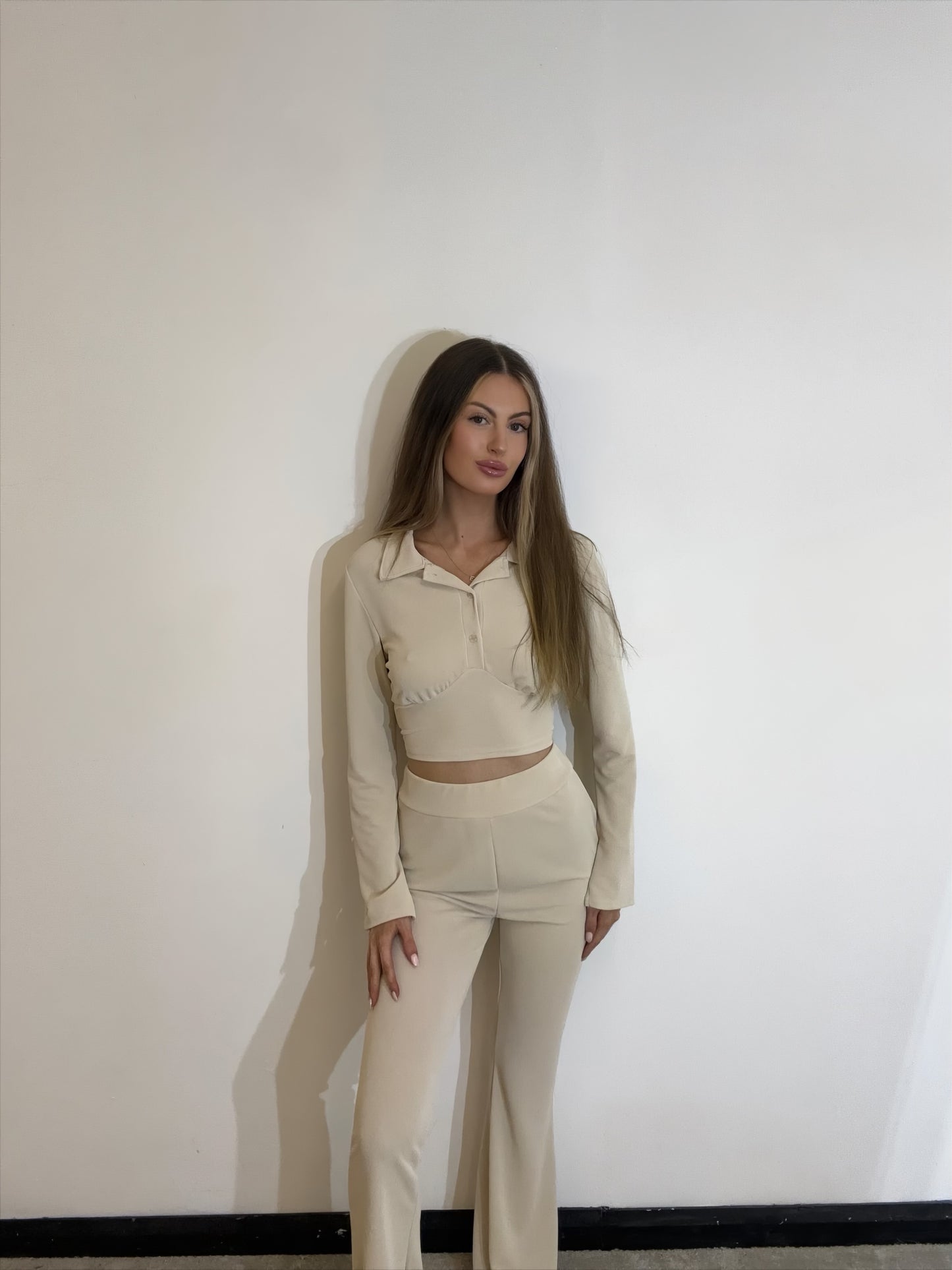 Button Up Polo Top with Flared Sleeves and Matching Flared Trousers
