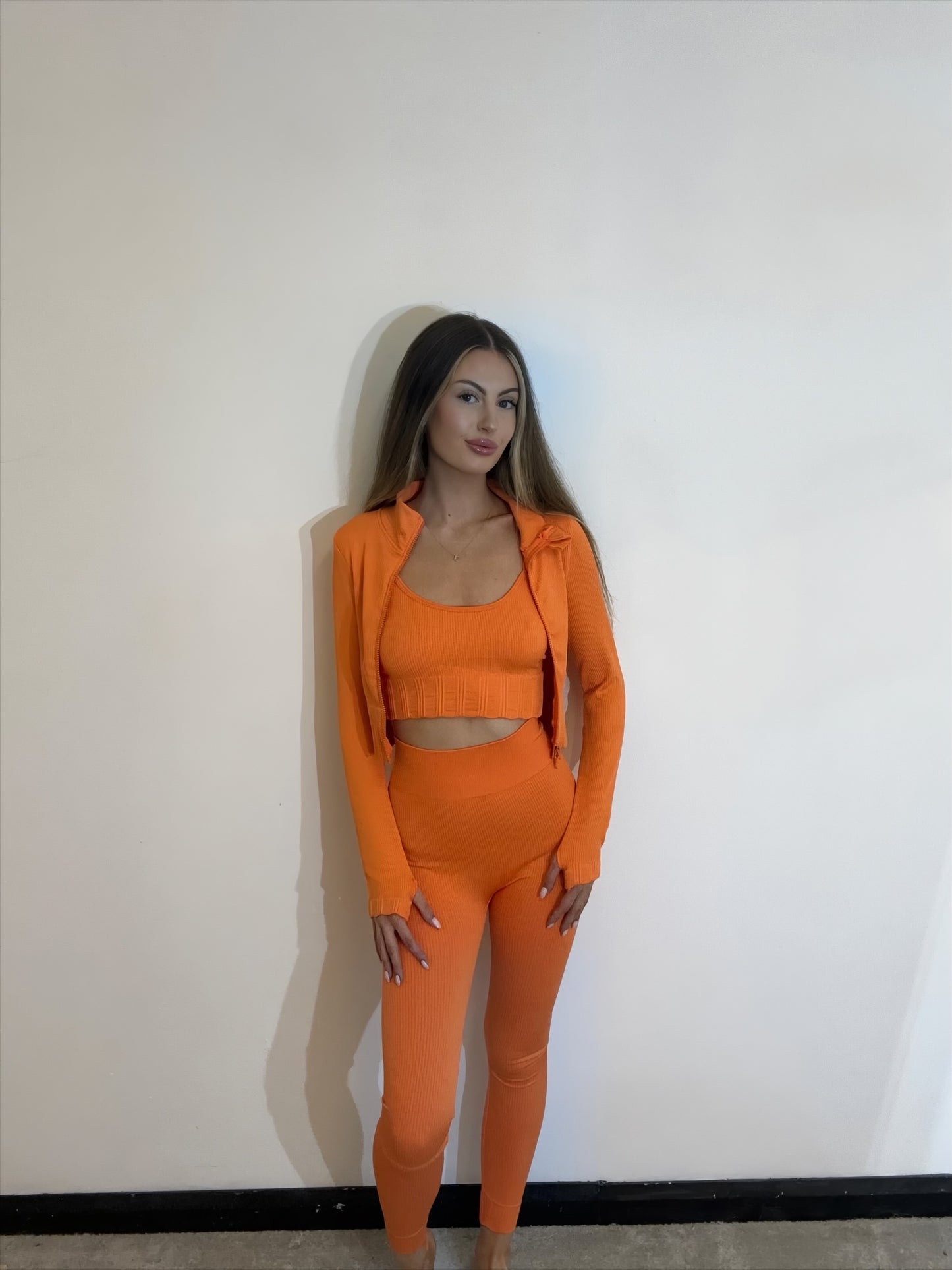 Ribbed Stretch 3 Piece Gym Set with Cropped Jacket, Sports Bra Top and High Waisted Leggings