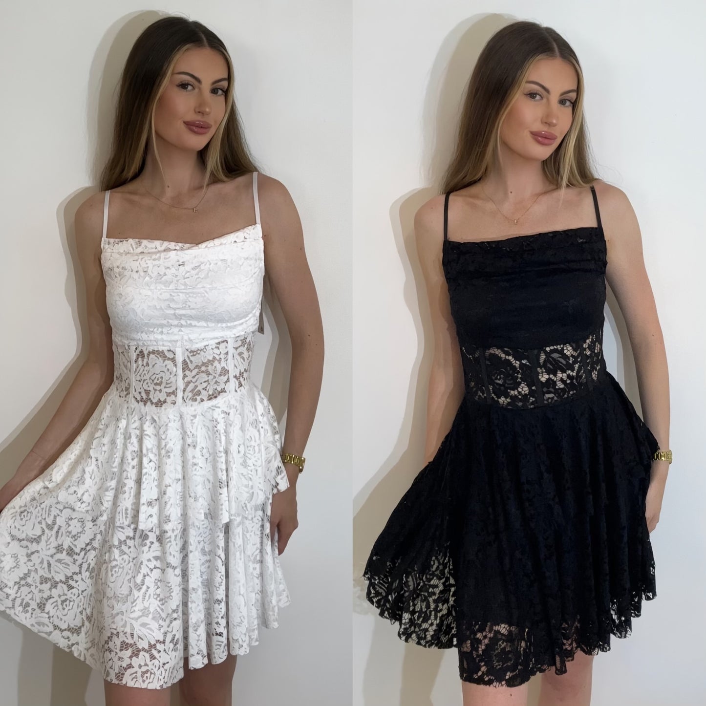 Strappy Lace Ruffle Dress With Sheer Lace Detailing
