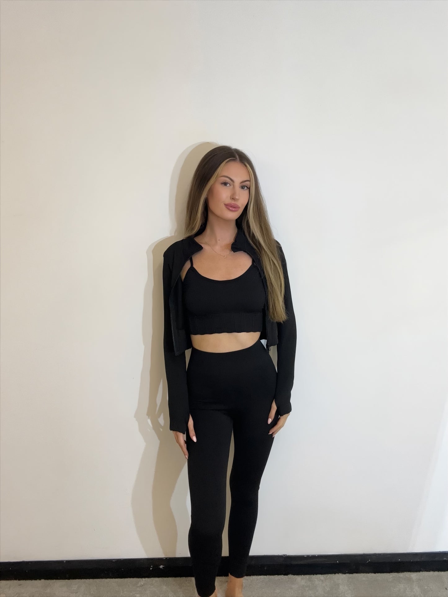 Ribbed Stretch 3 Piece Gym Set with Cropped Jacket, Sports Bra Top and High Waisted Leggings