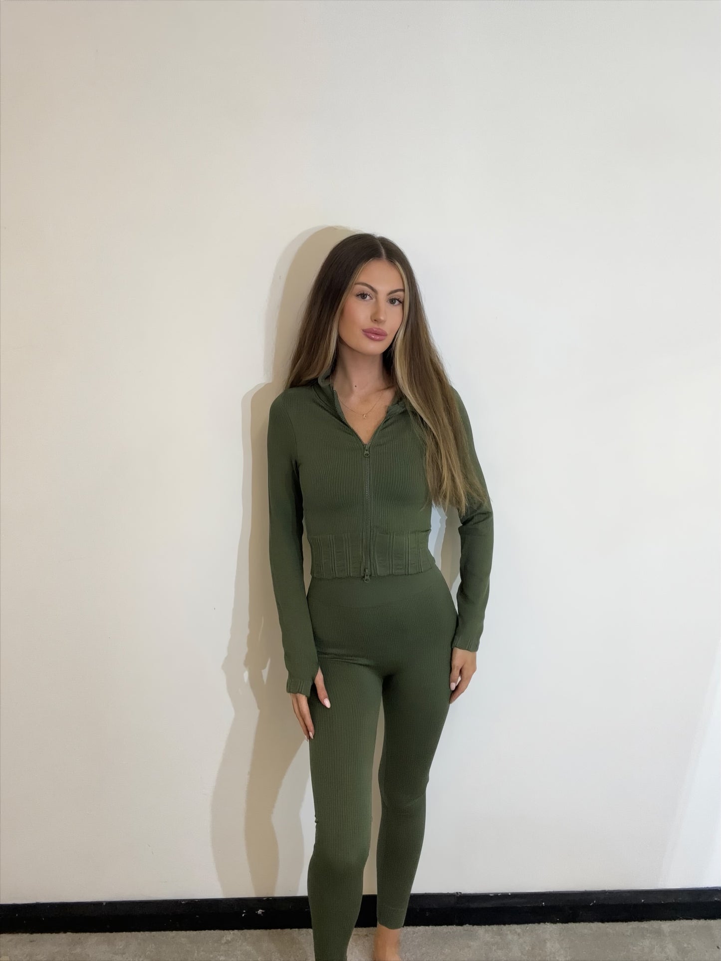 Ribbed Stretch 3 Piece Gym Set with Cropped Jacket, Sports Bra Top and High Waisted Leggings