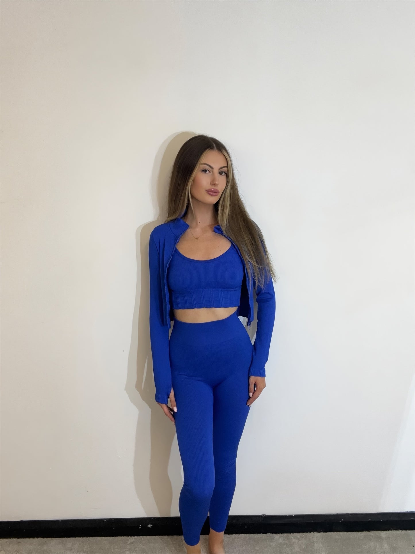 Ribbed Stretch 3 Piece Gym Set with Cropped Jacket, Sports Bra Top and High Waisted Leggings