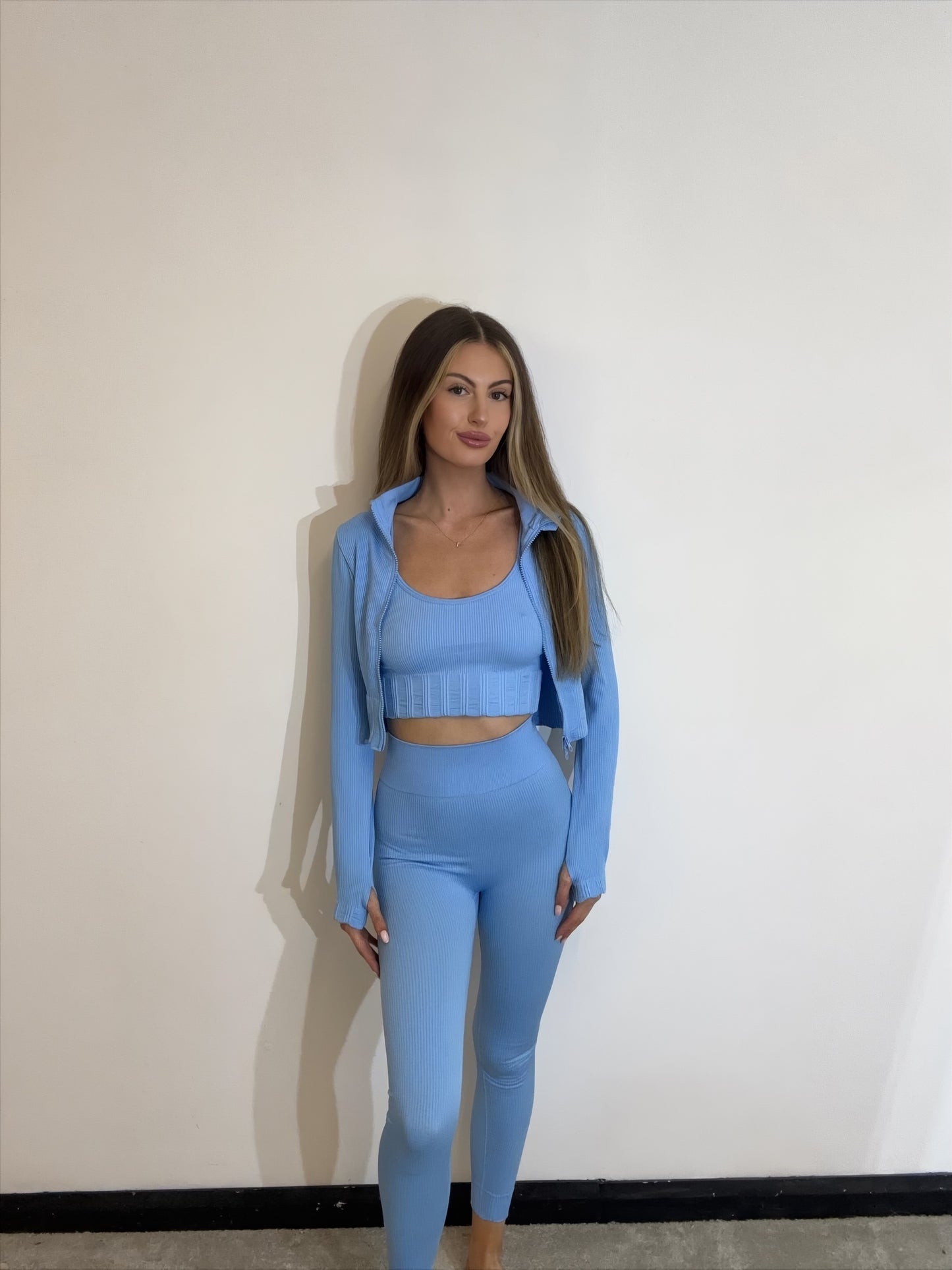 Ribbed Stretch 3 Piece Gym Set with Cropped Jacket, Sports Bra Top and High Waisted Leggings