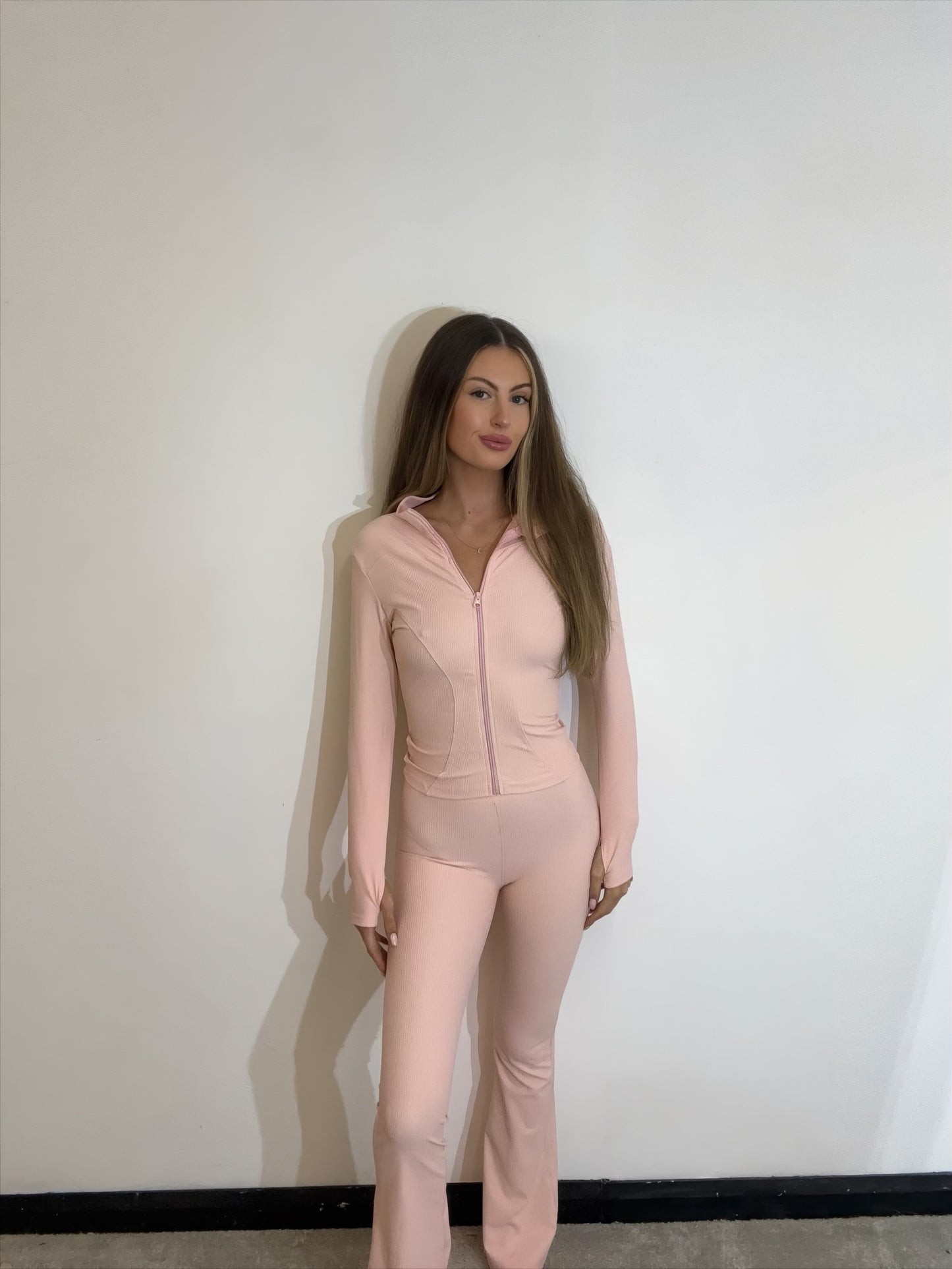 Ribbed Contouring Sports Jacket and Flared Leg Leggings Two Piece Gym Set
