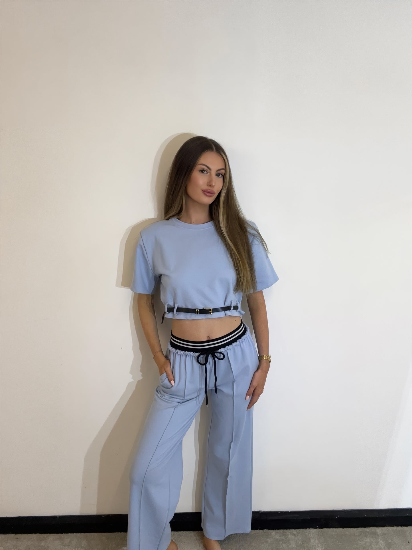 Cropped Belt Detail Structured T-Shirt With Wide Leg Double Waistband Trouser Co-Ord