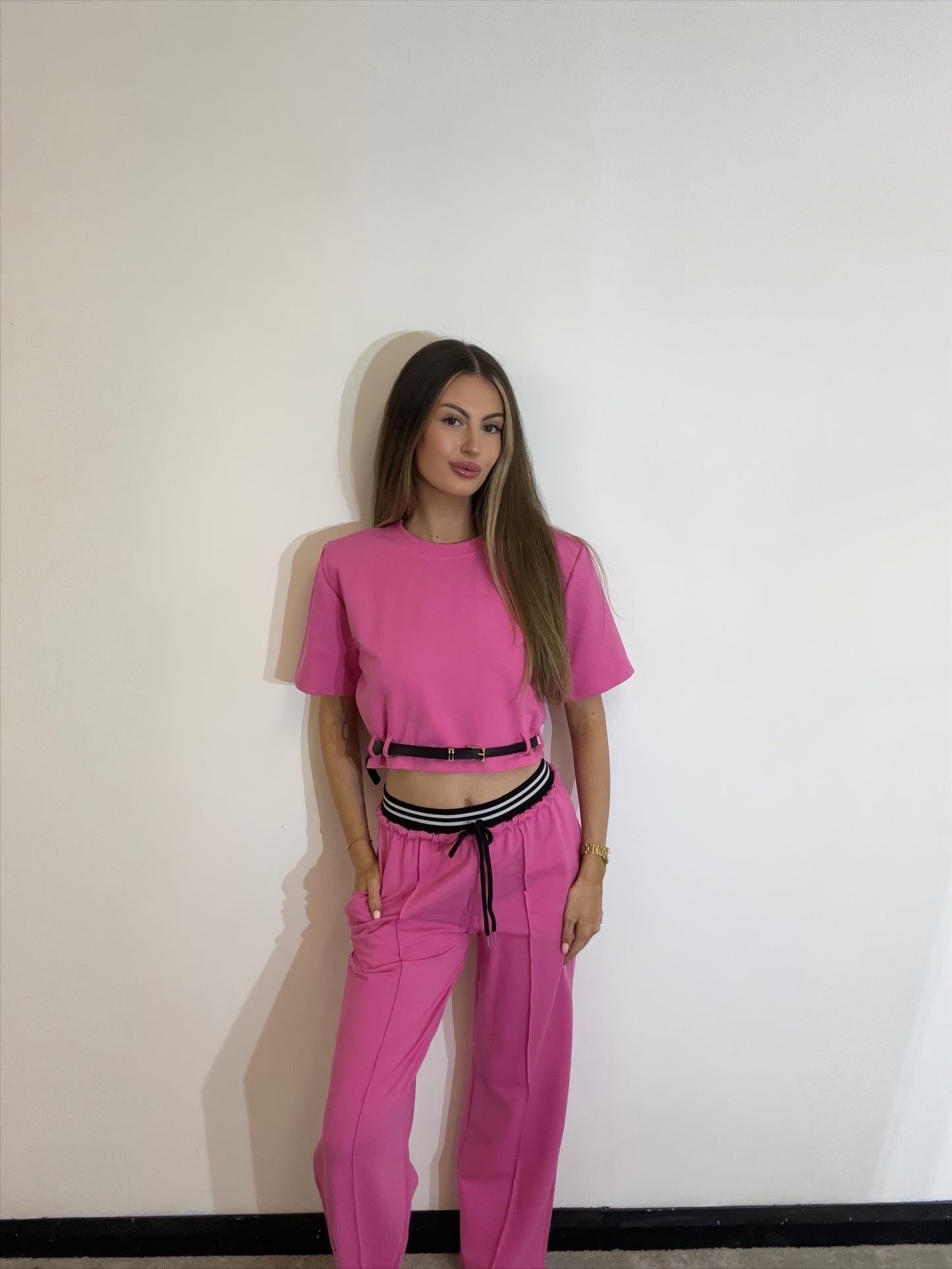 Cropped Belt Detail Structured T-Shirt With Wide Leg Double Waistband Trouser Co-Ord