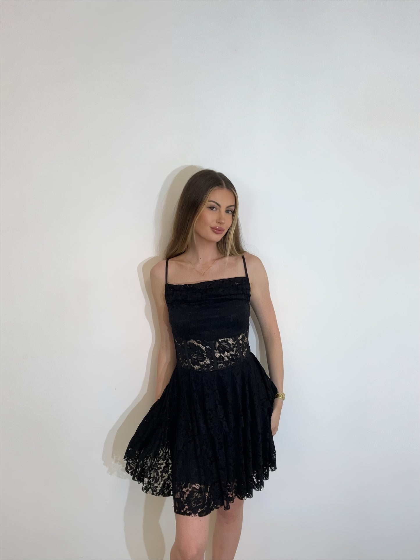 Strappy Lace Ruffle Dress With Sheer Lace Detailing