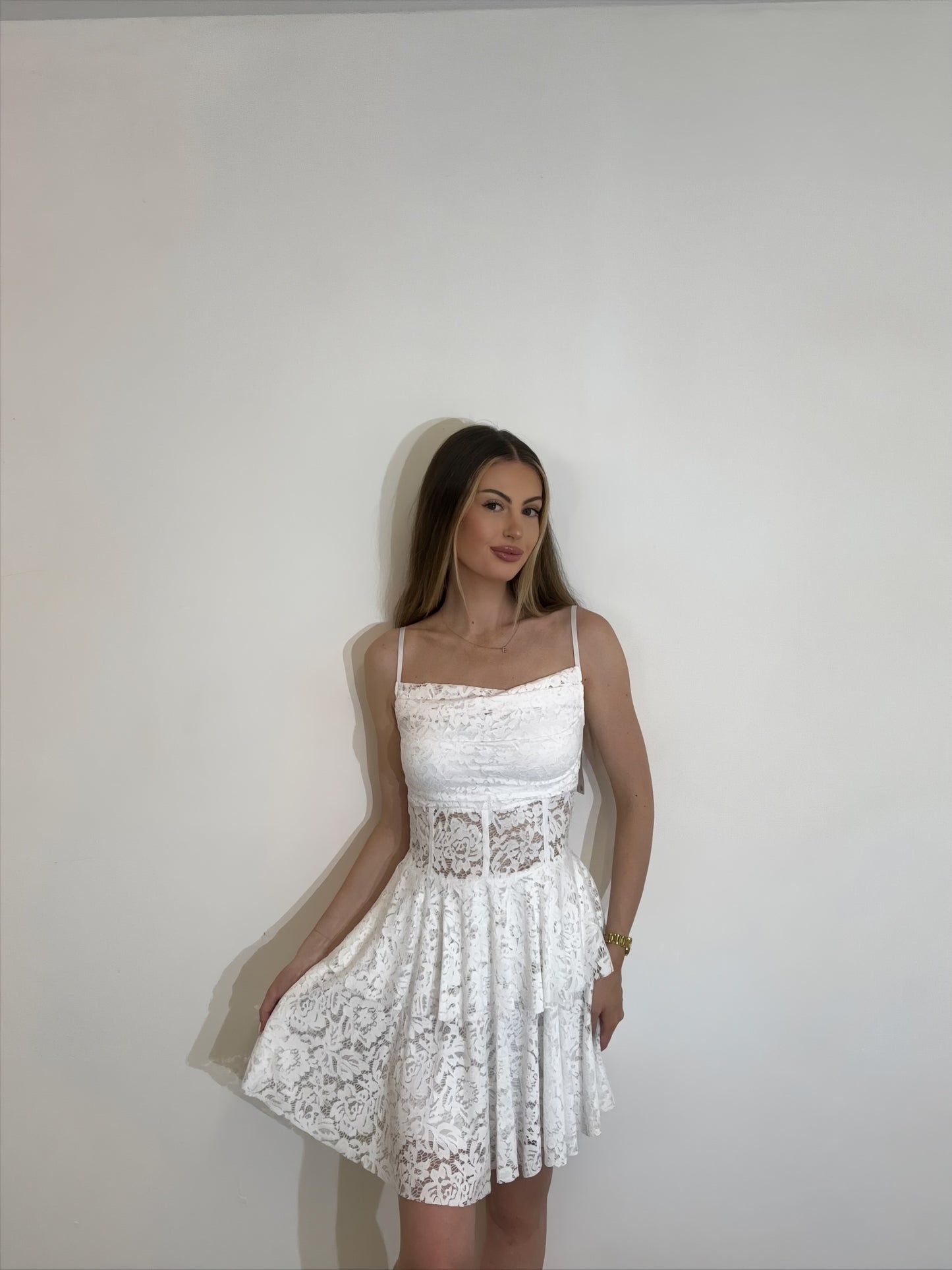 Strappy Lace Ruffle Dress With Sheer Lace Detailing