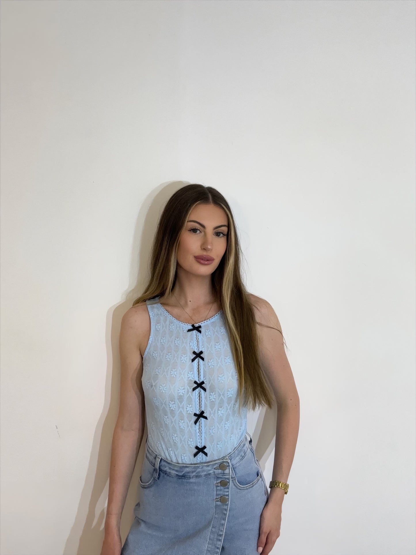 Dainty High Neck Contrast Bow Detail Bodysuit