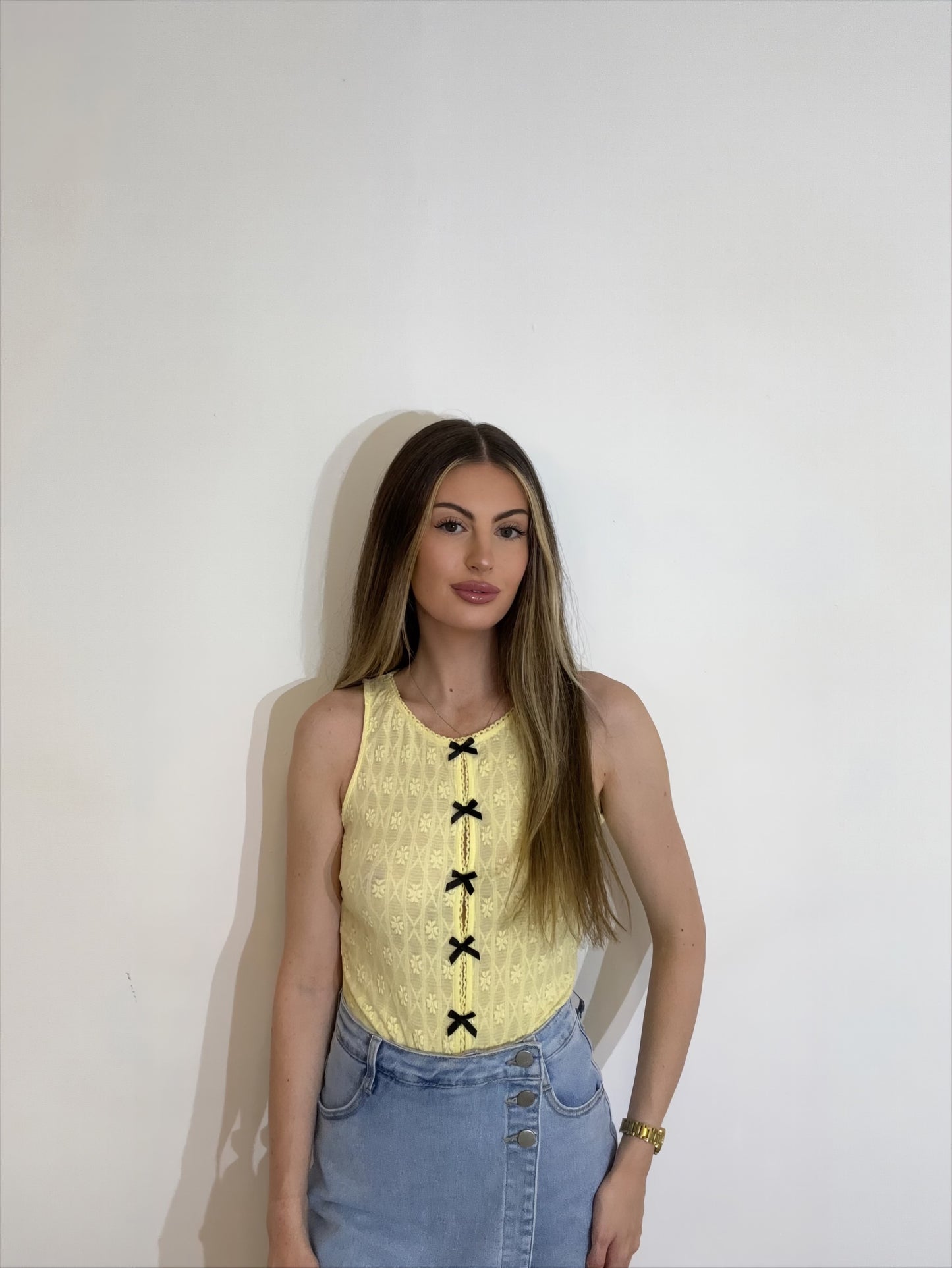 Dainty High Neck Contrast Bow Detail Bodysuit