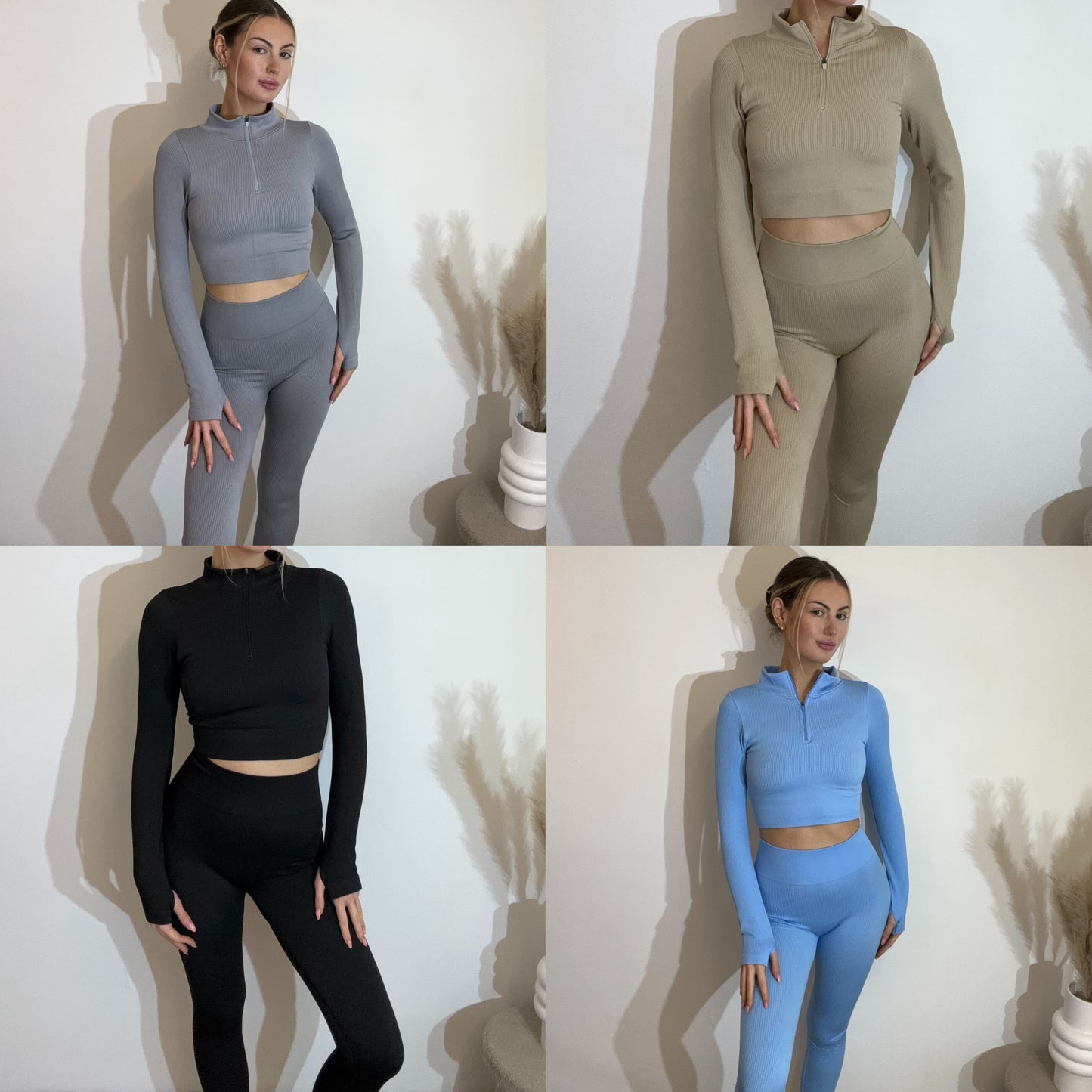 Ribbed Seamless Half Zip Long Sleeve Crop Top And Leggings Gym Set