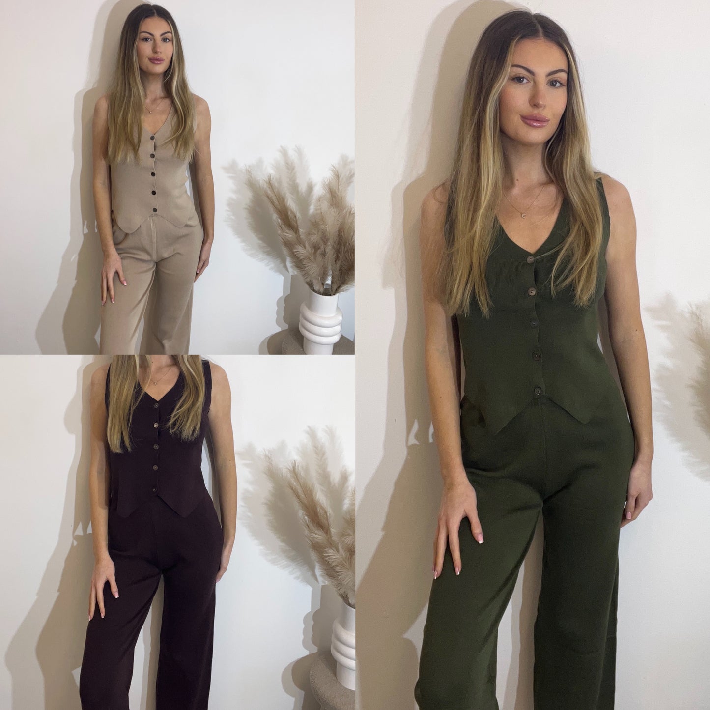 Knitted Sleeveless Button Up Waistcoat Top and Wide Leg Trouser Co-ord set