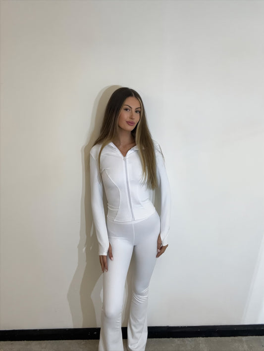 Ribbed Contouring Sports Jacket and Flared Leg Leggings Two Piece Gym Set