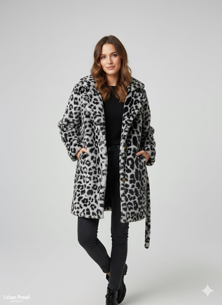 Faux Fur Animal Print Jacket With Belt