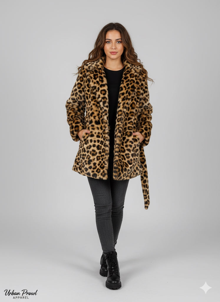 Faux Fur Animal Print Jacket With Belt