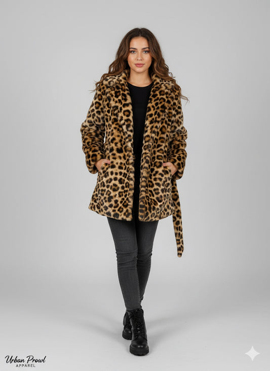 Faux Fur Animal Print Jacket With Belt