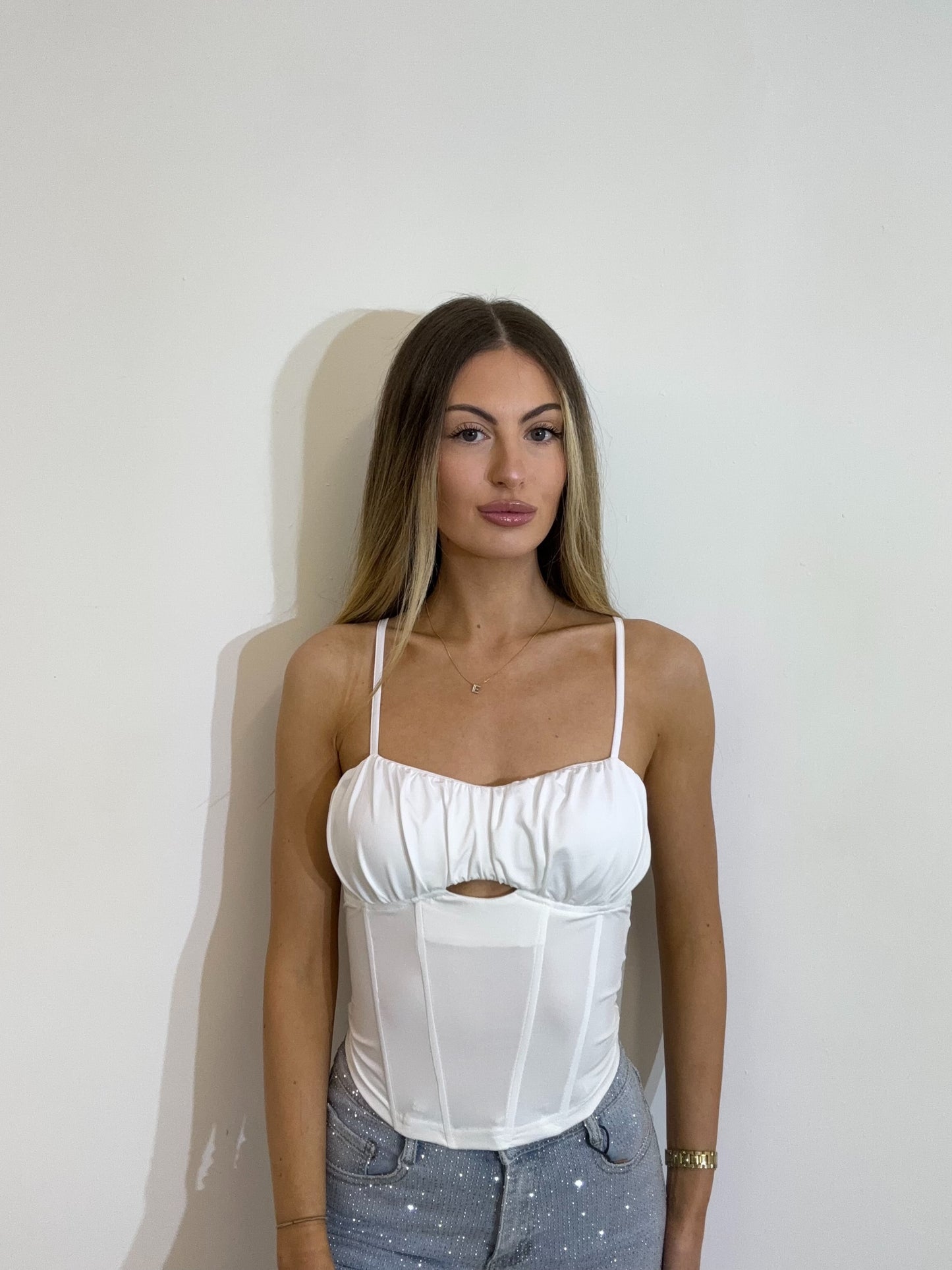 Ruched Padded Cup Corset Top With Boning Detail and Adjustable Straps