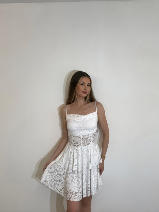 Strappy Lace Ruffle Dress With Sheer Lace Detailing