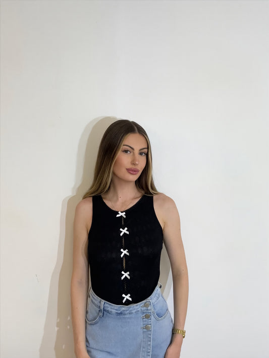 Dainty High Neck Contrast Bow Detail Bodysuit