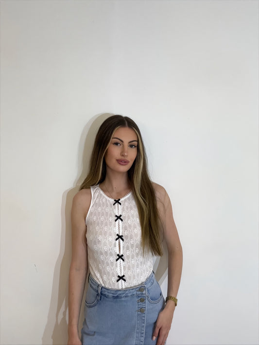 Dainty High Neck Contrast Bow Detail Bodysuit