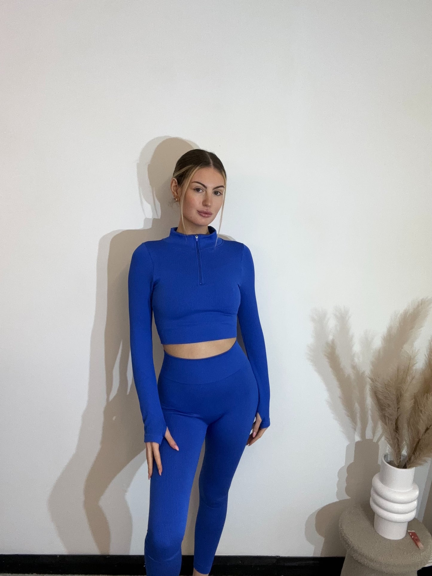 Ribbed Seamless Half Zip Long Sleeve Crop Top And Leggings Gym Set