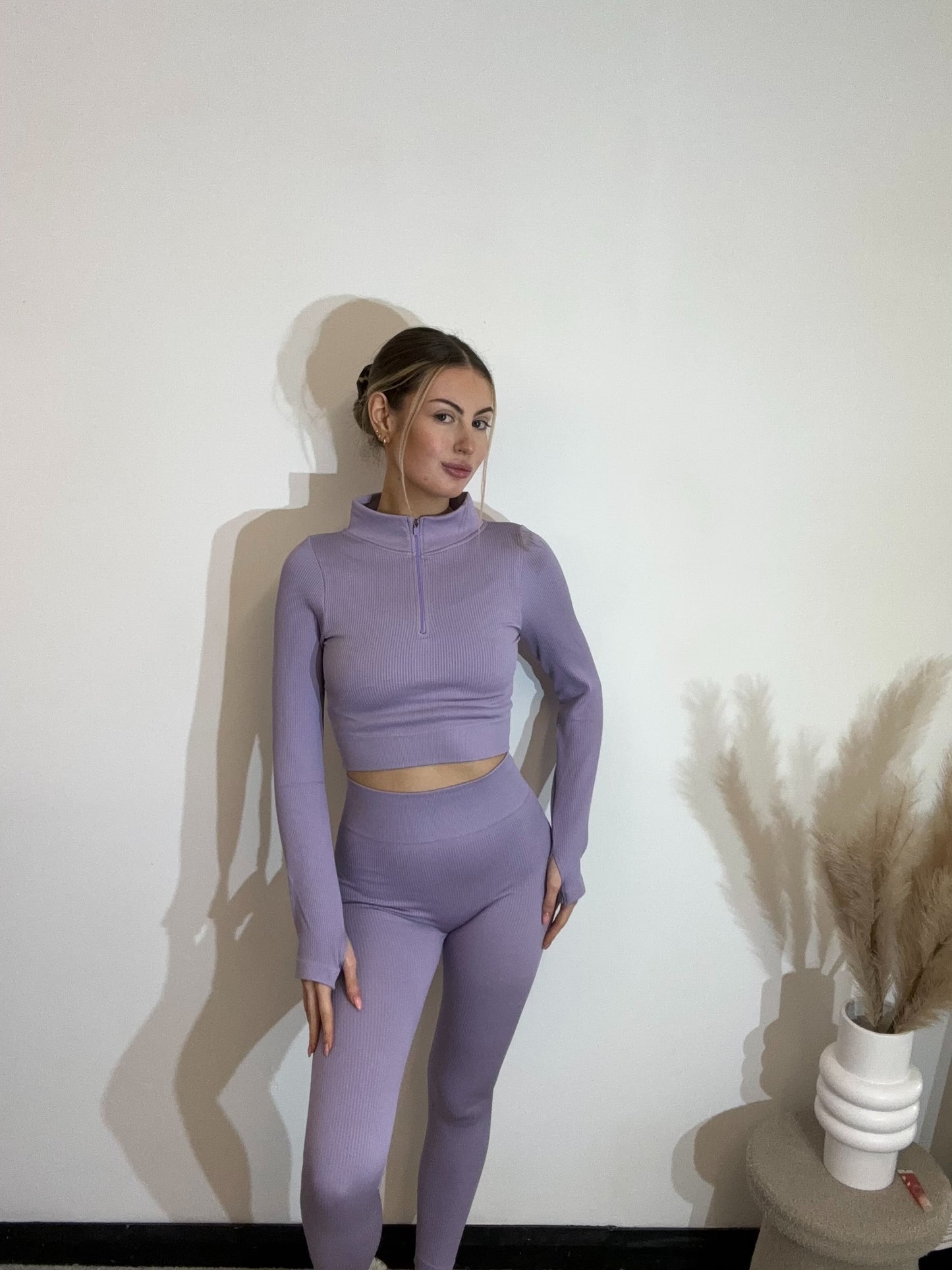 Ribbed Seamless Half Zip Long Sleeve Crop Top And Leggings Gym Set