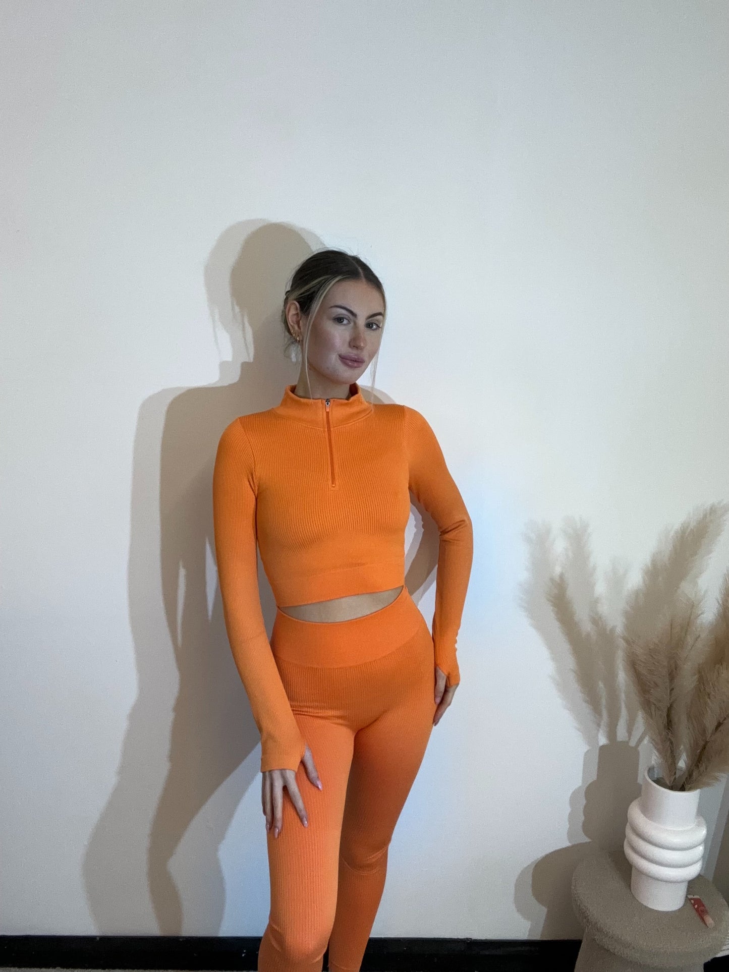 Ribbed Seamless Half Zip Long Sleeve Crop Top And Leggings Gym Set