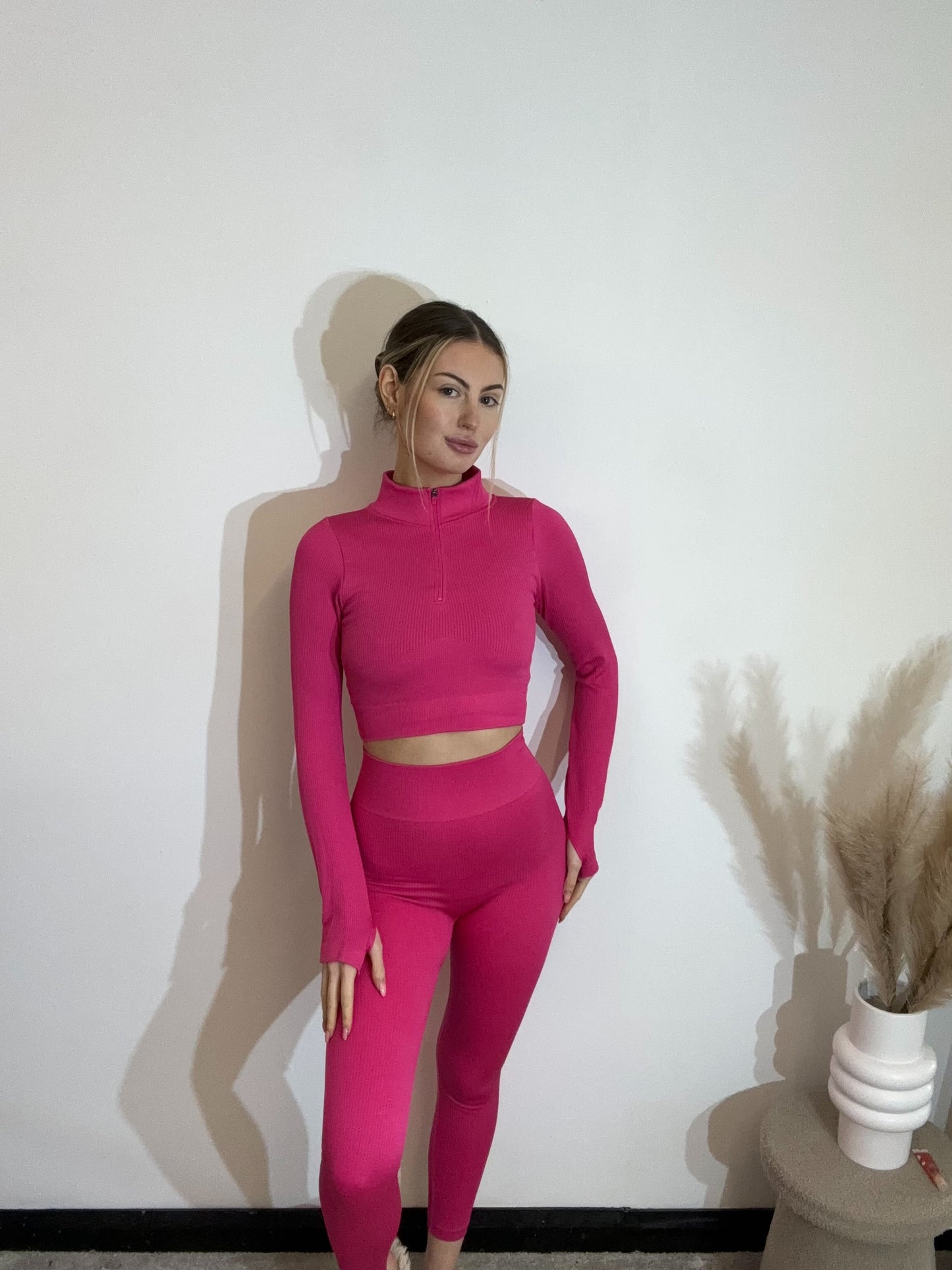 Ribbed Seamless Half Zip Long Sleeve Crop Top And Leggings Gym Set
