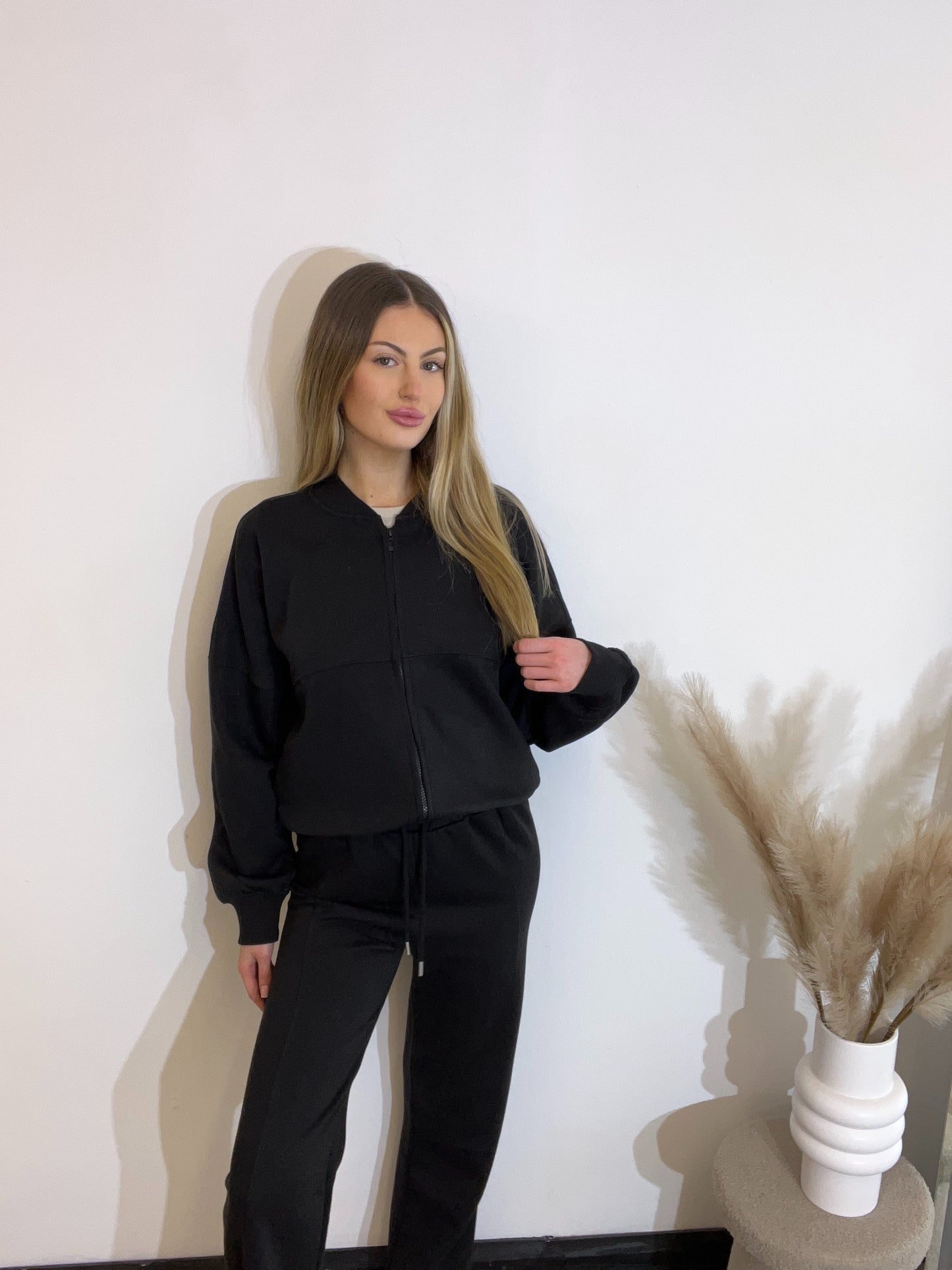 Bomber Style Jacket and Wide Leg High Waisted Jogger Two Piece Tracksuit