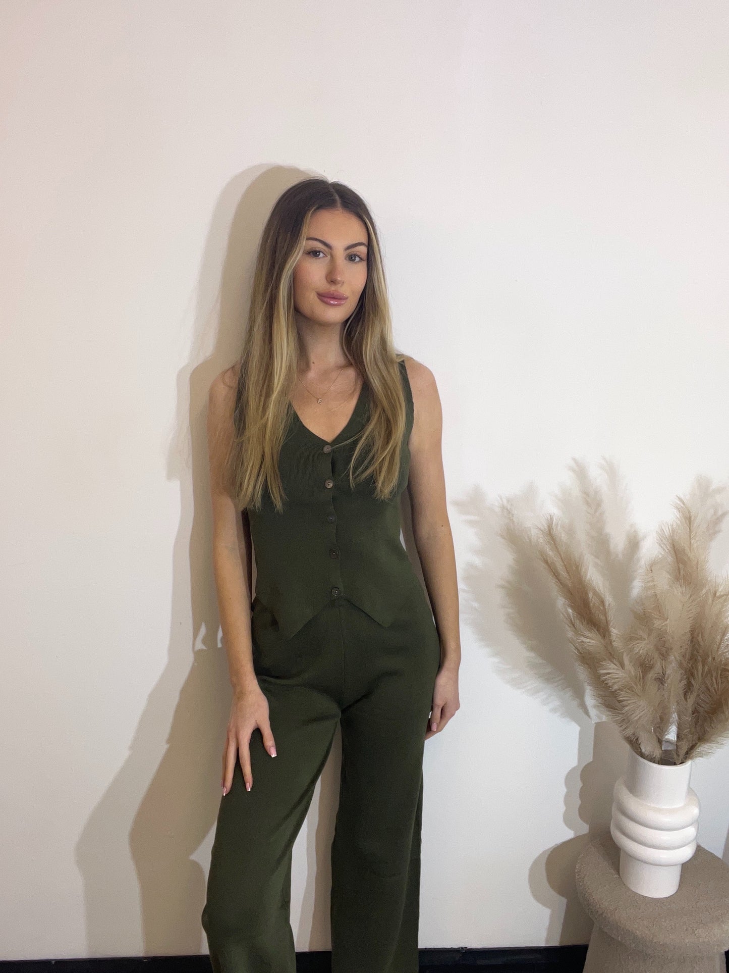 Knitted Sleeveless Button Up Waistcoat Top and Wide Leg Trouser Co-ord set