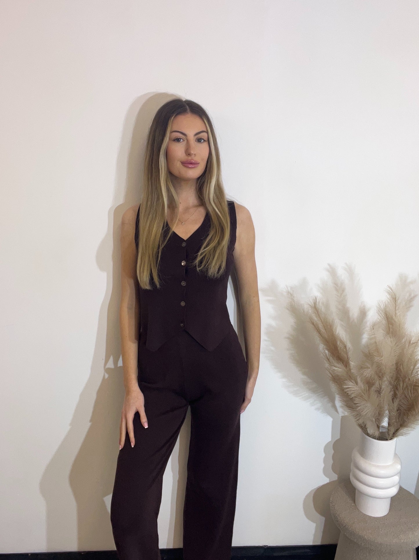 Knitted Sleeveless Button Up Waistcoat Top and Wide Leg Trouser Co-ord set