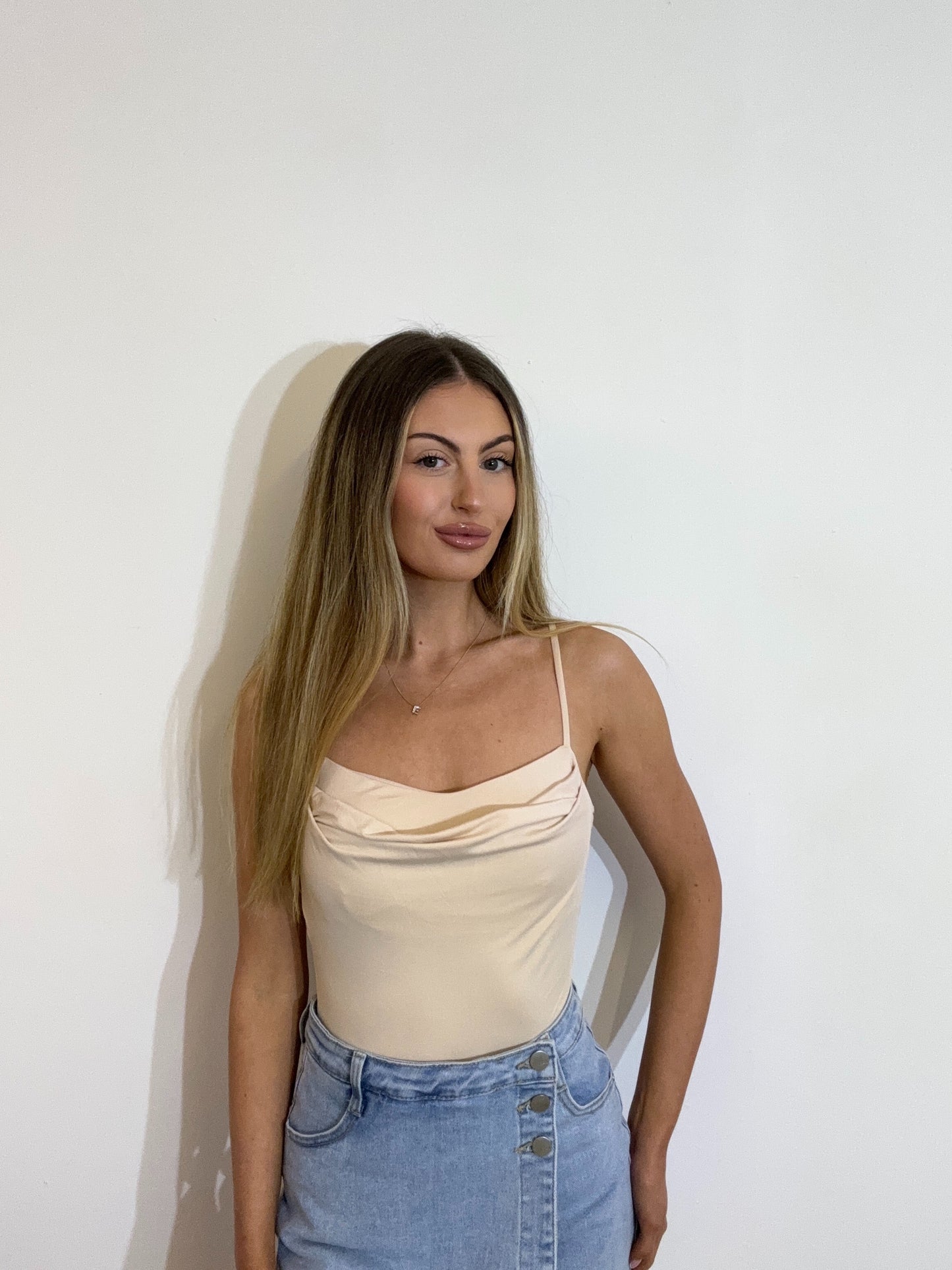 Double Lined Adjustable Straps Cowl Neck Bodysuit