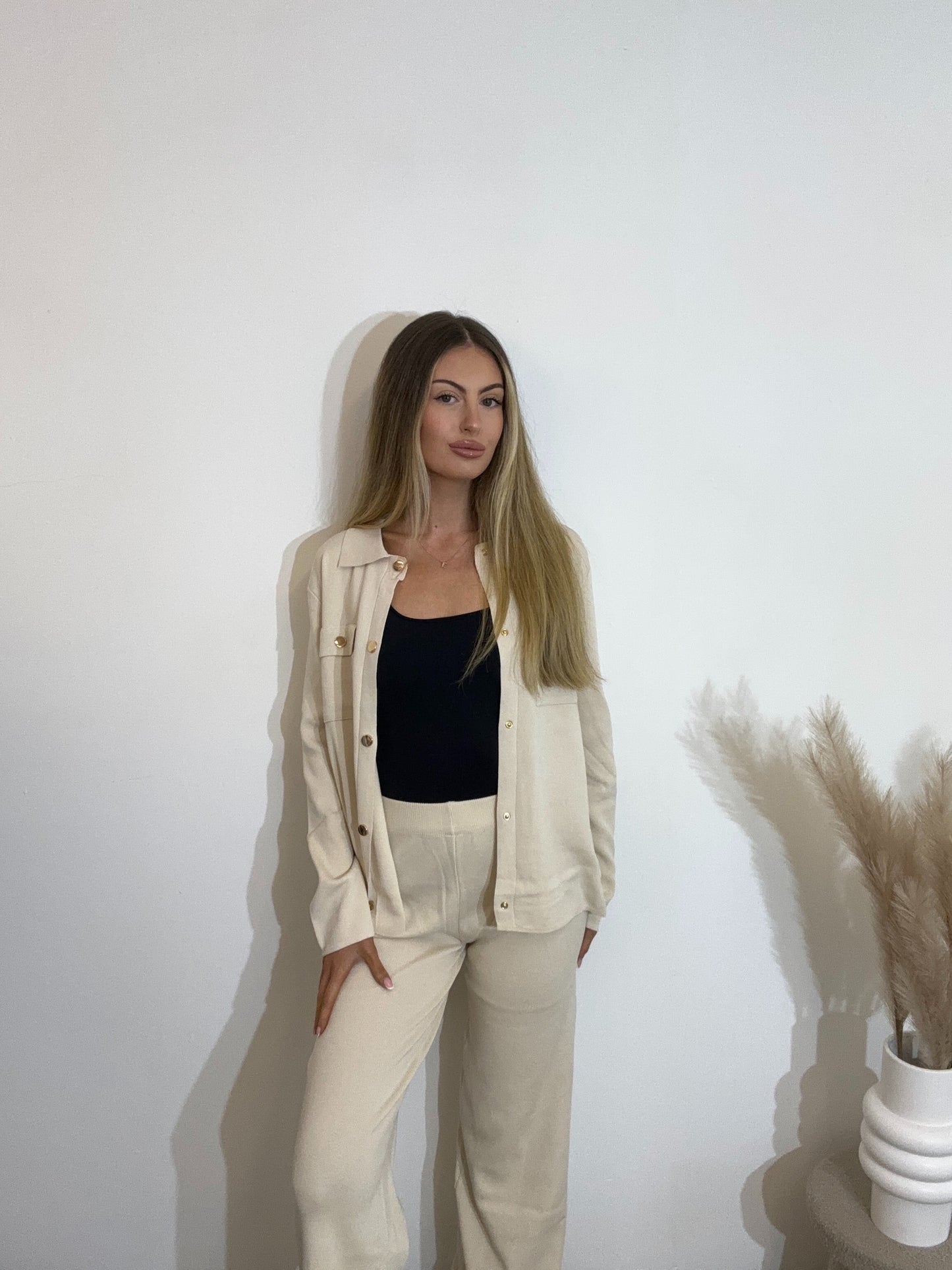 Knitted Gold Button Shirt And Wide Leg Trouser Set