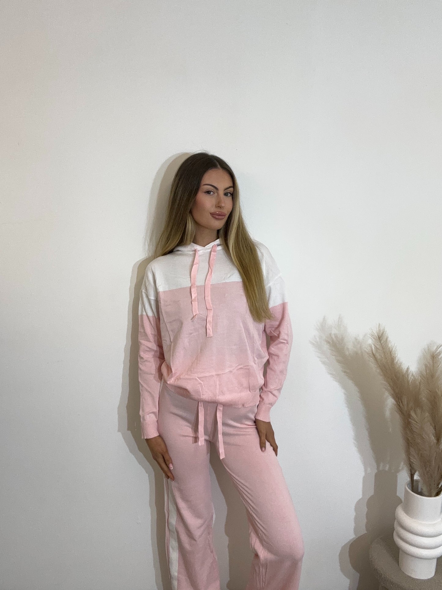 Knitted Lightweight Contrast Hoodie and Trouser Set