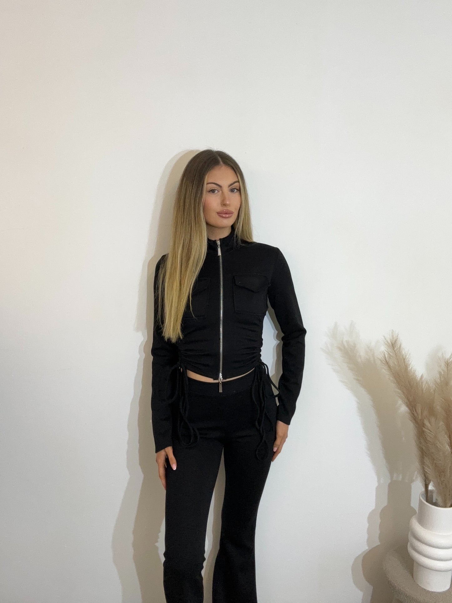 Ruched Detail High Neck Zip Up Jacket and Flared Bottom Tracksuit